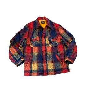 Vintage Campus Shacket Mens Size 44 Red Yellow Blue Plaid Fuzzy Lined Jacket